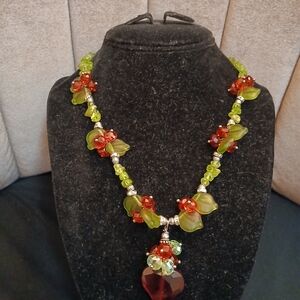 Elegant Green and Red Floral Necklace